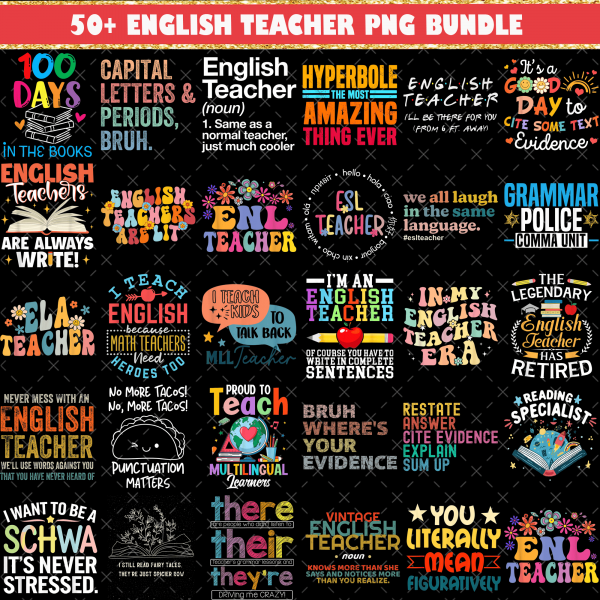 50+ English teacher Png Bundle, Teacher png, English teacher png, Free commercial use Png, English teacher sublimation Shirt Designs