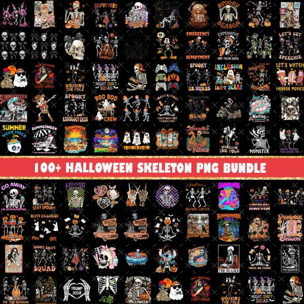 100++ Halloween Skeleton PNG Bundle, Skeleton Png, Spooky Season Png, Coquette Bow Png, Summerween Png, Skeleton Witch Sublimation Designs
