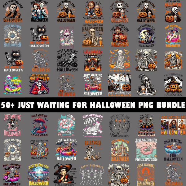 50+ Just Waiting for Halloween PNG Bundle, Funny Skeleton Fall Png, Horror Characters Png Pumpkin Porch Clipart, Spooky Season Sublimation