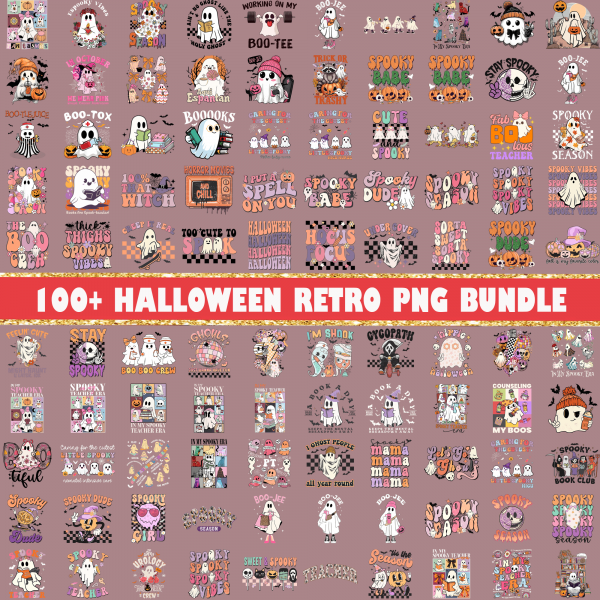 100+ Retro Halloween Png Bundle, Halloween Sublimation Designs, Spooky Season Png, Ghost T-shirt, Pumpkin Png, Fall Png, Retro Halloween Png