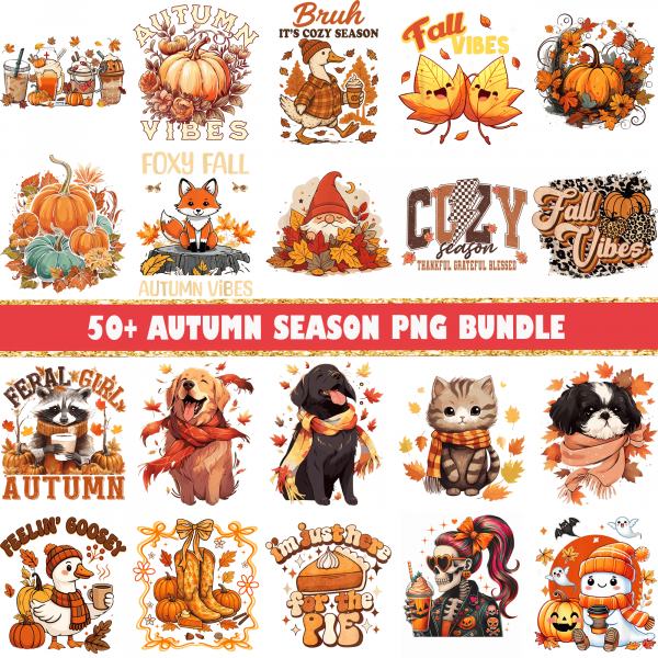50+ Retro Fall Autumn Png Bundle, Fall shirt png, Fall Coquette png, Autumn png, Trendy Fall, Thanksgiving png, Autumn Sublimation Designs