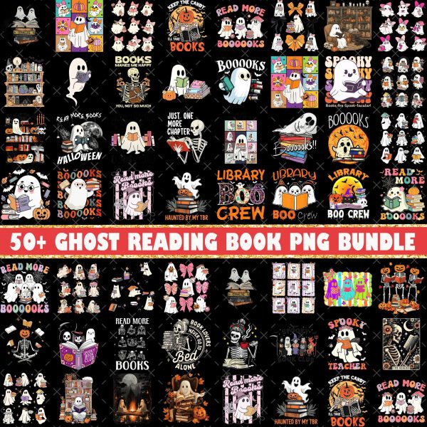 50+ Ghost Reading Books Png, Bookish Halloween Png, Halloween Book Lover Png, Witch Png,Skeleton Png, Halloween School Png
